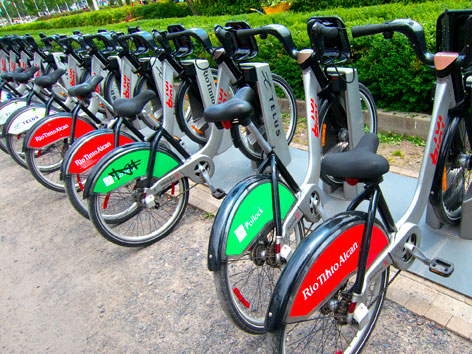 A row of Telus bikes, which are part of the Montreal Bixi bike-sharing program