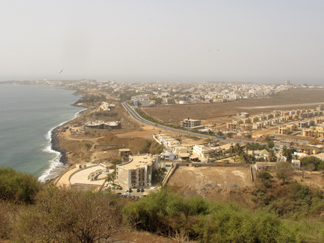 View of the Atlantic coastline and new construction in Dakar, Senegal, from the Mamelles lighthouse