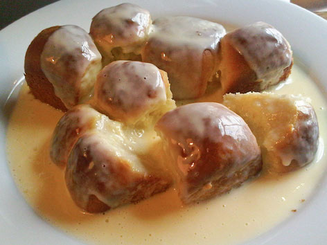 Buchticky se sodo, or sweet dumplings, from a cafe in Prague, Czech Republic
