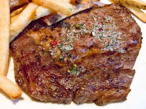 The Delmonico steak with fries from New York City's Delmonico's Restaurant.