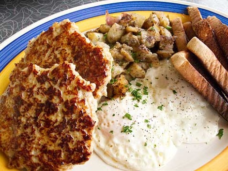 Locally sourced food, eggs, sausage, and pancakes from the Lake Effect Diner in Buffalo.