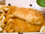 Fish and chips and mushy peas from a chippy takeout in St. Albans, near London, England