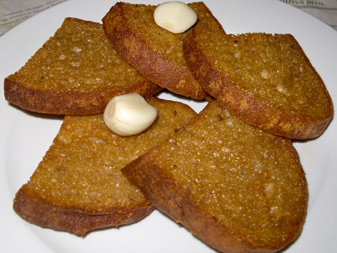 Topinky, or toasted bread, with garlic at a pub in Prague, Czech Republic