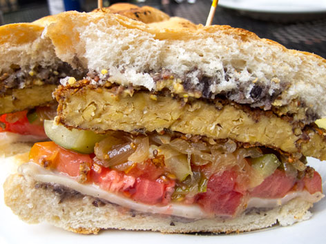 A vegan Havana Cuban sandwich made of tempeh from Laughing Seed in Asheville, North Carolina. 